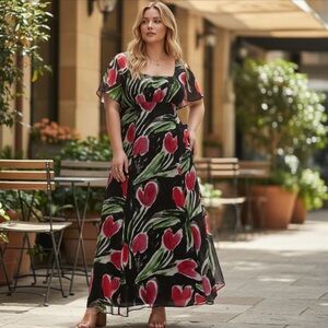 ✔️ Topshop Black Maxi Dress with Red Tulip Print